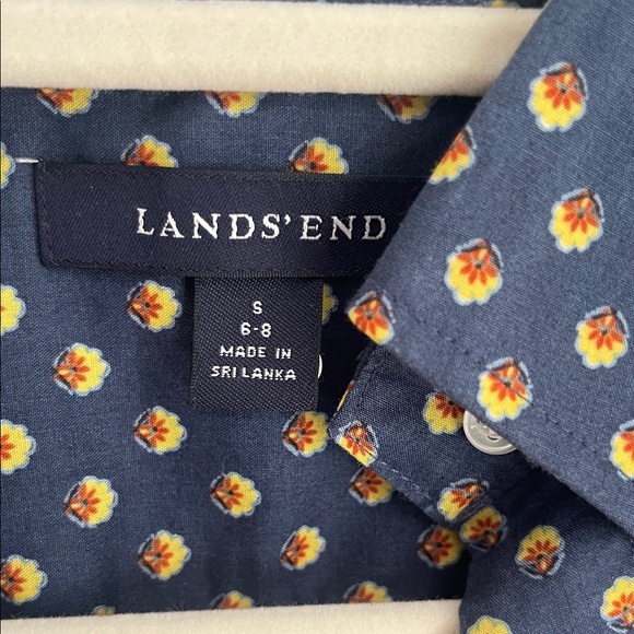 Lands' End 💯%cotton Navy Button-Down Shirt with Gold Dot Print excellent - Picture 2 of 6